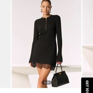 Commense Black Long Sleeve Dress with Lace Hem